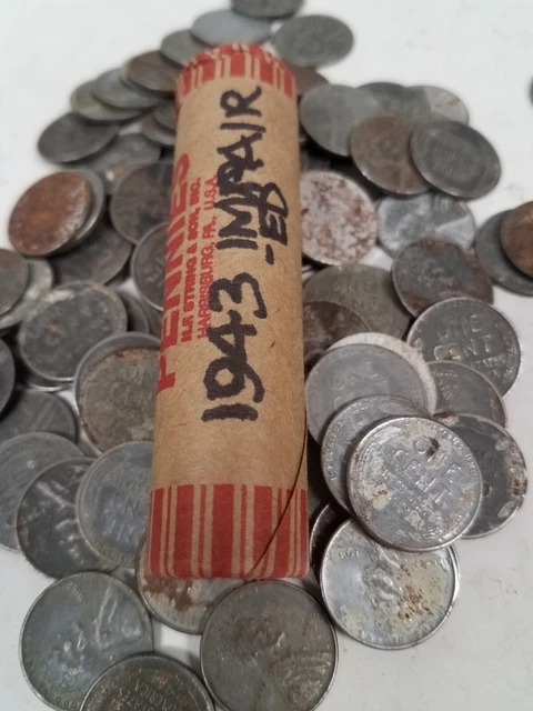 132a01 ROLL OF 50 WHEAT PENNIES 1943 WW2 LINCOLN STEEL CENTS COINS RUST IMPAIRED