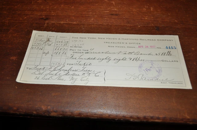 1907 New York, New Haven & Hartford Railroad Co Bank Check Paid to GL&W RR NICE!