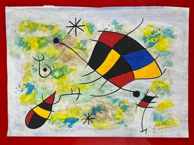 Joan Miro (Handmade) Drawing - Painting Inks on old paper signed & stamped