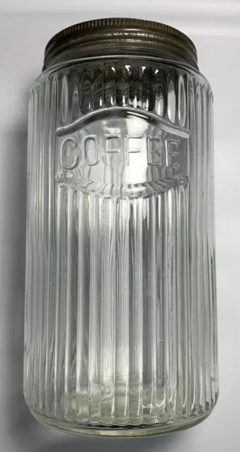 Vintage Hoosier Cabinet Ribbed Glass Coffee Jar Canister W/Lid 8" Tall