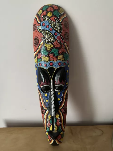 African Tribal Art Face Mask- Carved, Hand Painted Wood 9,5”x4.75” Wall Hanging.