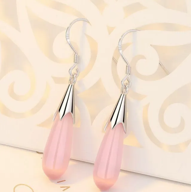 Women's 925 Sterling Silver Pink Opal Dress Teardrop Dangle Drop Hook Earrings