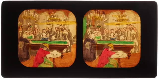 Joueurs de billard Femmes Paris FRANCE Photo Stereo Diorama Vintage c1860