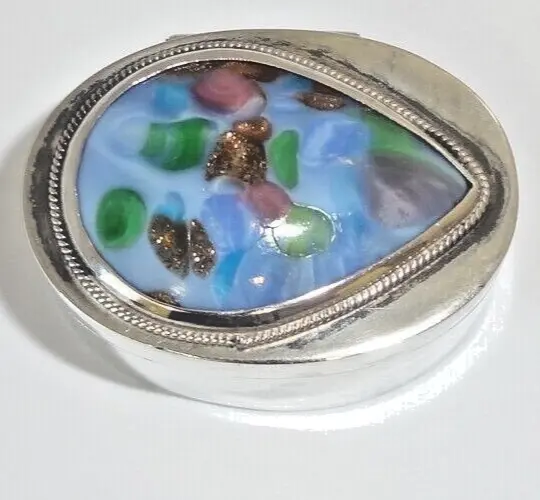 Vintage Sterling Silver Art Glass Mexico Pachuca HGO Pill Box