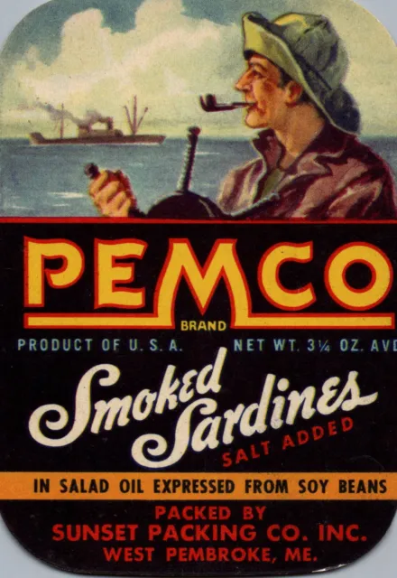 1940s PEMCO SMOKED SARDINES WEST PEMBROKE ME Unused CAN LABEL  2 3/4" X 4"