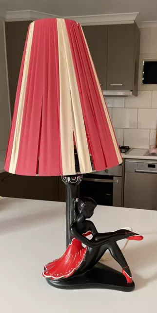 Vintage Mid Century Barsony Black Lady Ballerina Table Lamp with Red Shade FL36