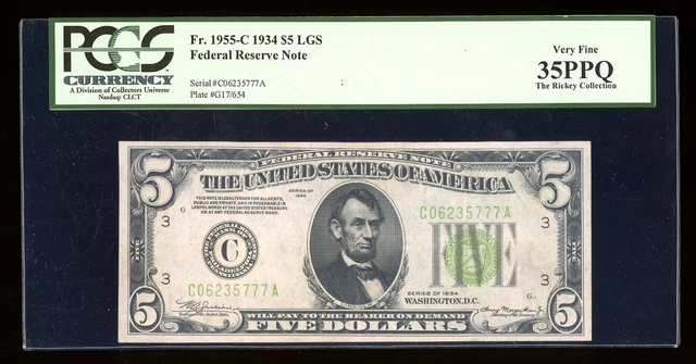DBR 1934 $5 LGS FRN Philadelphia Fr. 1955-Clgs PCGS 35 PPQ Serial C06235777A