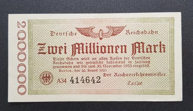 Deutsche Reichsbahn 2 Millionen Mark Berlin 20.8.1923 Serie A34 mit Wz. (8865)