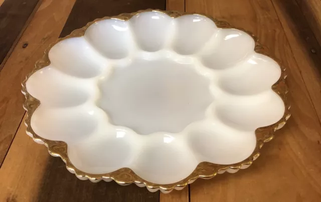 Deviled Egg Plate Vintage Milk Glass Holds 12 White Dish Tray Platter Oyster