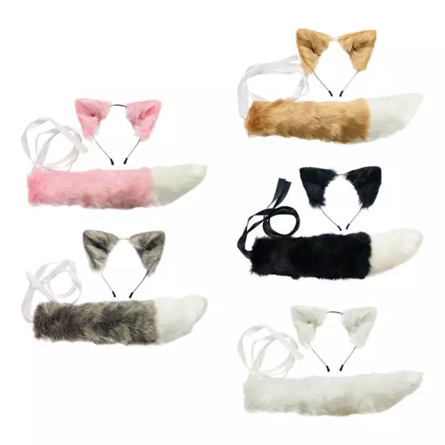 Faux Fur Cat Ears Hair Clip Long Tail Halloween Christmas Kitty Cosplay Set