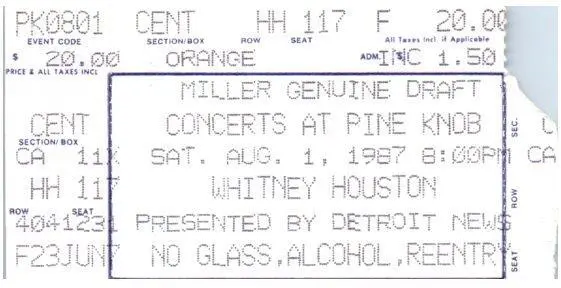 Whitney Houston Ticket Stub August 1 1987 Pin Button Du Michigan