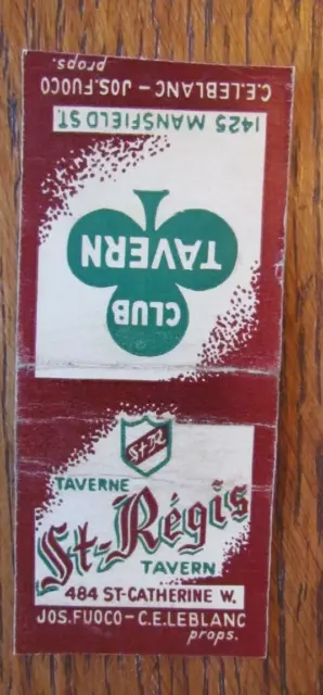 Bobtailed Matchbook Cover: Taverne St-Regis & Club Tavern Montreal Matchcover D3