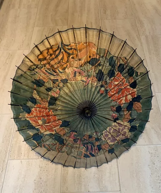 Vintage Paper Bamboo Parasol Umbrella Chinese Oriental Used 75 Cm Diameter