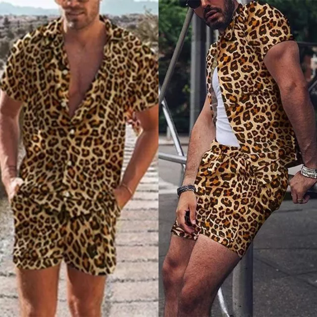 Costume élégant imprimé léopard homme sophistiqué chemise + short lot de 2