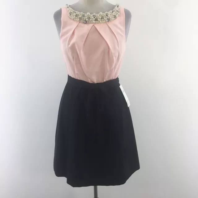 NWT USA Single Petal Black Pink Faux Pearl Beaded Neckline Mini Dress Womens 8