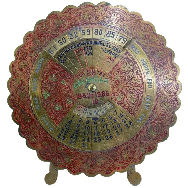VINTAGE BRASS PERPETUAL 28 Year Calendar with Stand 19591986, Etched