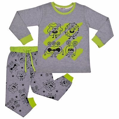 Kids Girls Boy Monster Pyjamas Children Grey PJs 2 Piece Cotton Set Lounge Suit