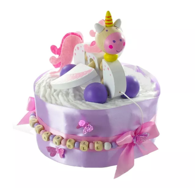 Windeltorte personalisiert mit Ziehtier EINHORN Geschenk zur Geburt & Babyparty