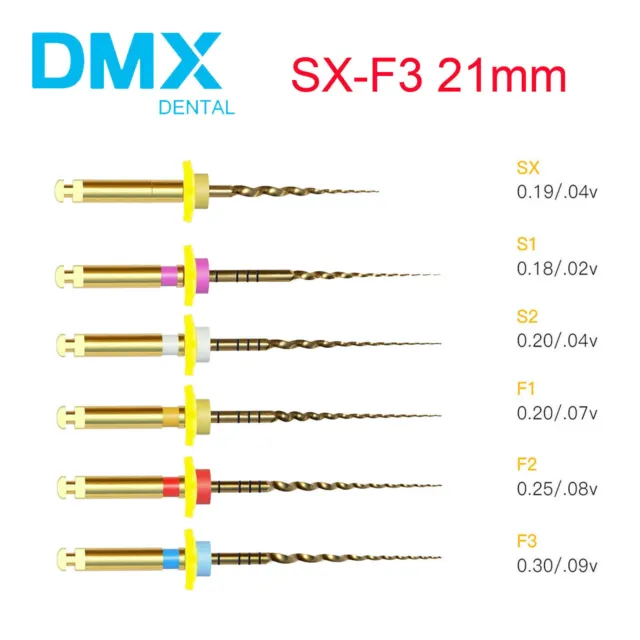 DMX Dental Endodontic NITI Rotary Root Canal Files Gold Taper SX-F3 21mm 6 Pcs