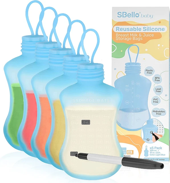 Baby Breastmilk Storage Bags 10Oz / 300Ml 5 Pack Reusable Silicone Bags with Mar