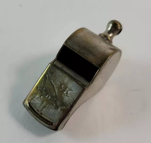 Vintage Military or Police Whistle Marked RK and Bird Design 2" Metal Pre-1950's 2