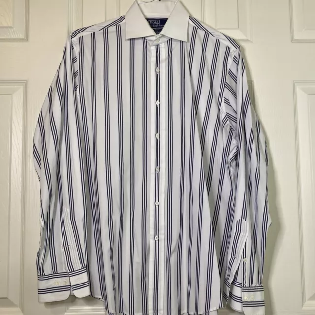 Vintage RALPH LAUREN Dress Shirt Mens LARGE/16 Button Down White Blue stripe EUC