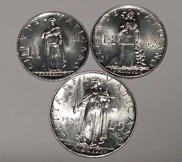 1951 1952 1953 Vatican City 1  2 & 5 Lire Aluminum Coins Pope Pius Xii