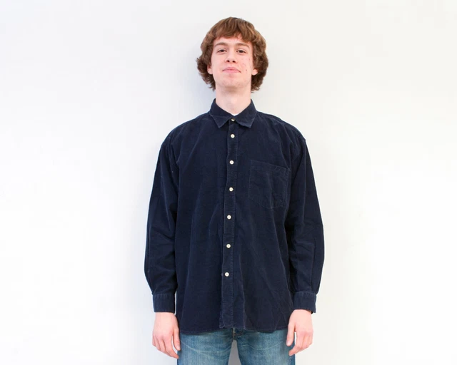 Moda Affairs Vintage Uomo XL Camicia Casual Corduroy Fili Blu Navy Bottoni Rétro
