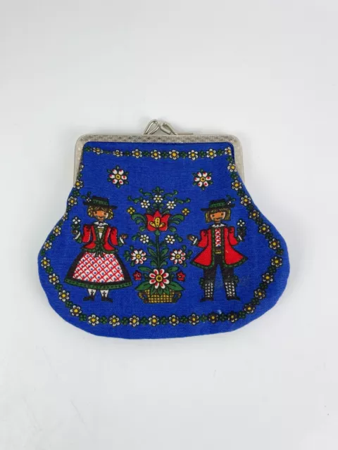 Vintage Kolf Austria Blue Fabric Kiss Clasp Change Coin Purse Folk Art