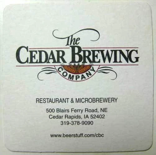 CEDAR BREWING Beer COASTER, Mat, Cedar Rapids, IOWA, in about 1997, CLOSED 2007