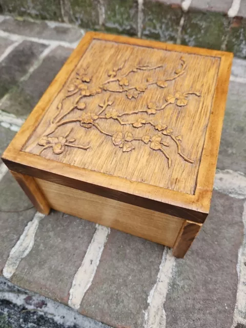 Hand Carved Wood Box FOLK ART Plum Cherry Blossom 8" High Relief Floral Oriental