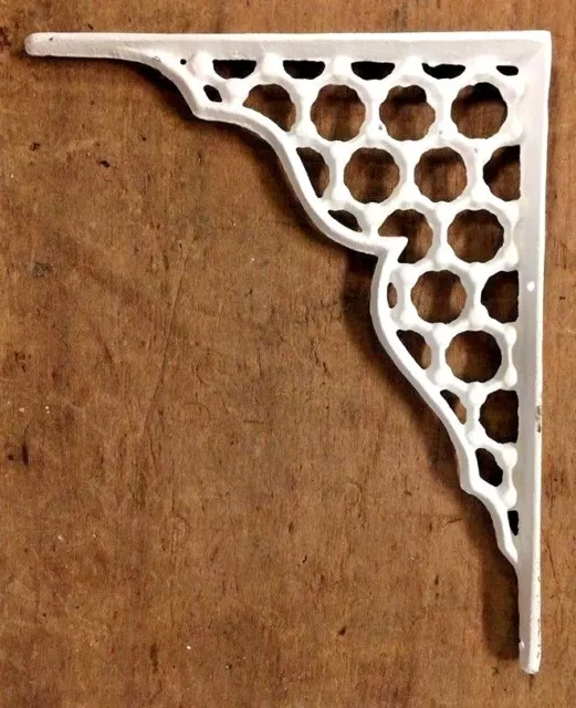 SET OF 4 LARGE HONEYCOMB LATTICE SHELF BRACKET BRACE Shabby Antique White Iron