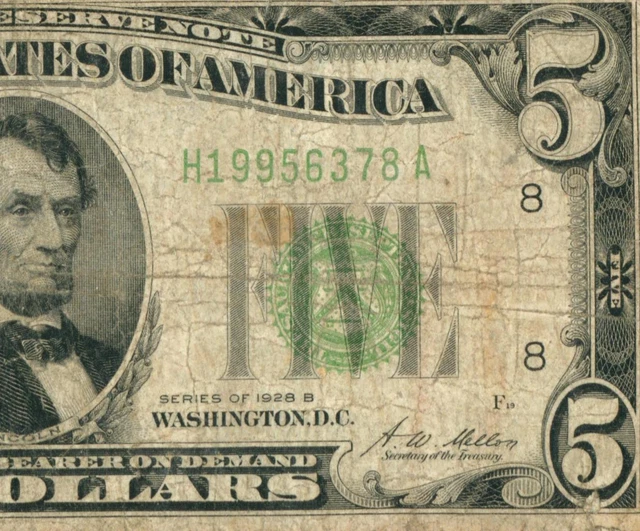 $5 1928 B (( DARK GREEN SEAL )) Federal Reserve Note ** DAILY CURRENCY AUCTION