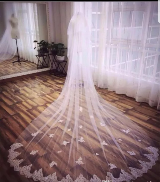 UK 3 m White/Ivory 2 Tier Cathedral Length Lace Wedding Veil Accessories + Comb