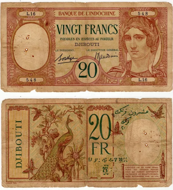 French Somaliland Djibouti 1928-38 Banknote 20 Francs