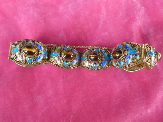 Antique Chinese Silver And Enamel Bracelet With Tiger Eye Cabochon Stones