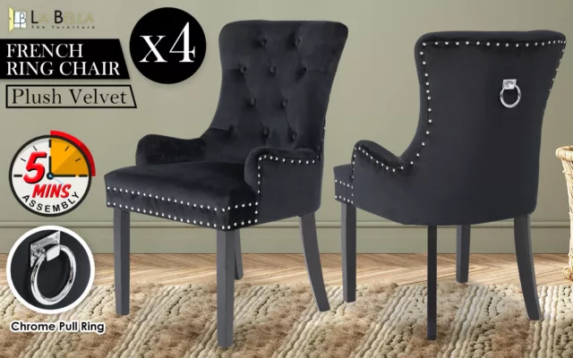 4X Dining Chair French Provincial Ring Studded Velvet Rubberwood LISSE - BLACK 2