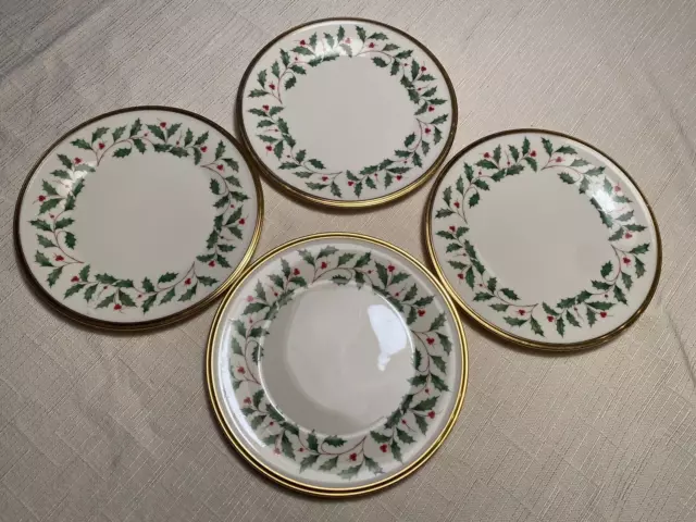 Lenox Holiday Holly & Berries Salad Plates Lot of 4 Gold Trim 8" Bone China USA