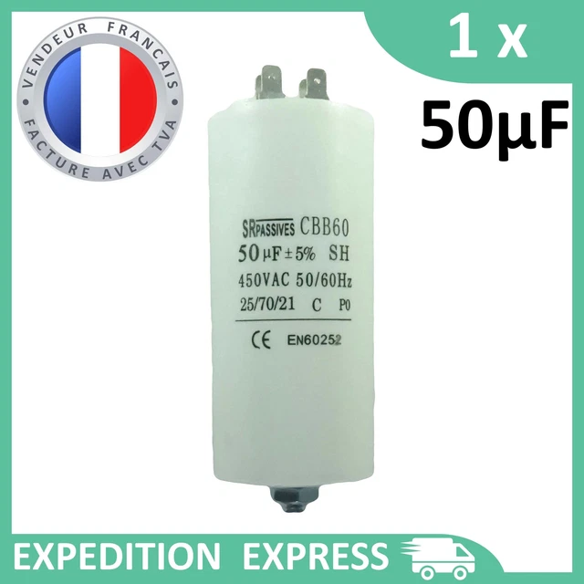 Condensateur moteur 50µF 50uF 450V à cosses + vis CBB60 démarrage/permanent