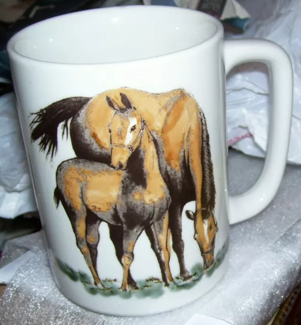 Darren Cook Otagiri Japan embossed, painted ceramic mug horses Mare & Foal tree
