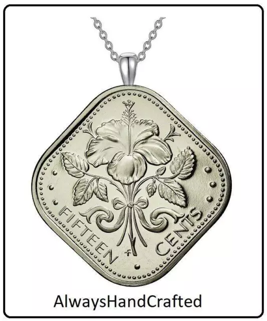 Bahamas 15 Cents Hibiscus Coin Necklace - Coat of Arms - Silver Nickel