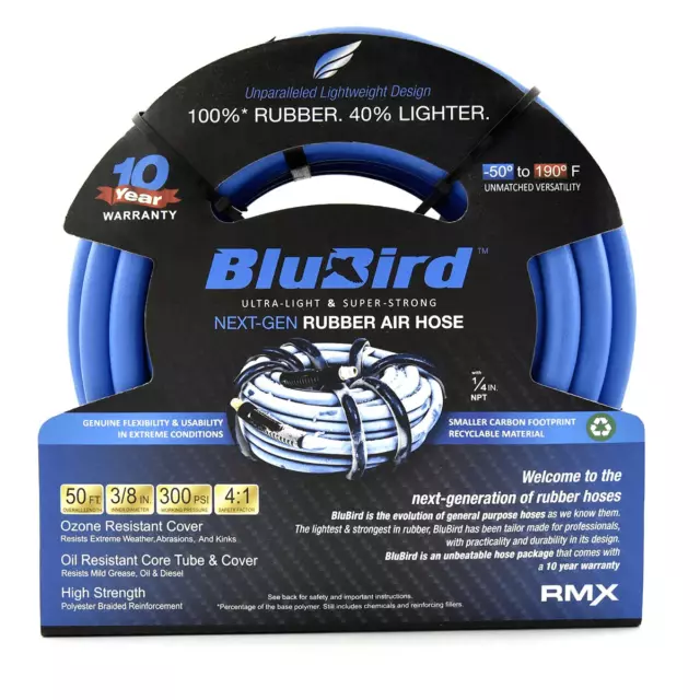 Rubber Air Hose - 3/8"x 50' with 1/4" MNPT