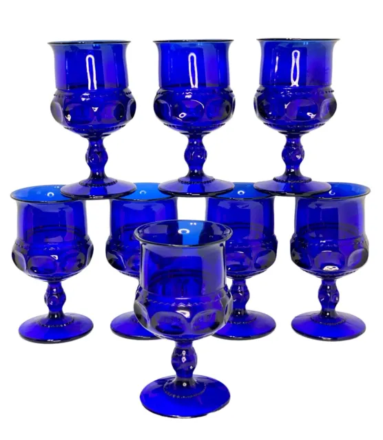 Set of 3 Tiara Glass Indiana Cobalt Blue Kings Crown Thumbprint Goblet Glasses