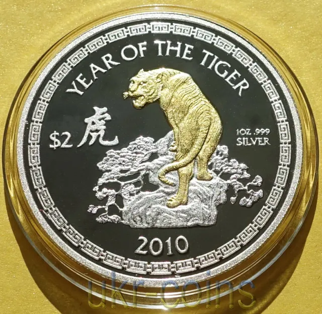 2010 Niue Lunar Year of the Tiger $2 Chinese Zodiac 1Oz Silver Gilded Proof Coin
