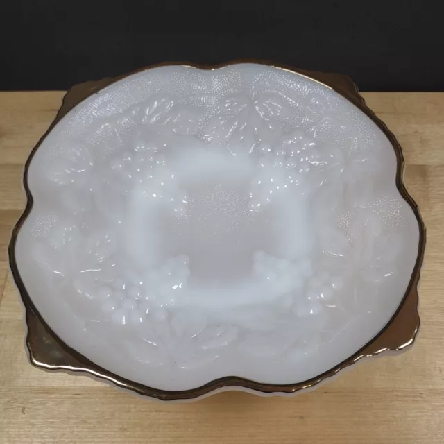 Anchor Hocking Milk Glass Footed Bowl Gold Trim Grape Design Original Box 8 inch