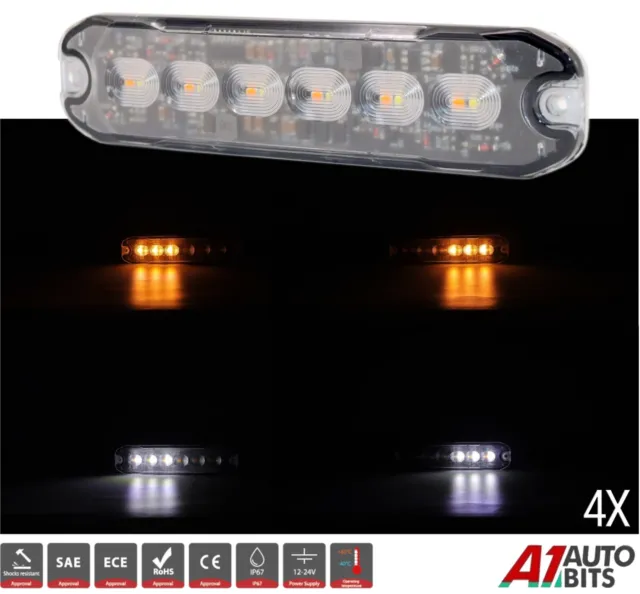 4x 6 LED Bernsteinweiß Erholung Strobe Blinkgitter Lichtleiste LKW Leuchtfeuer
