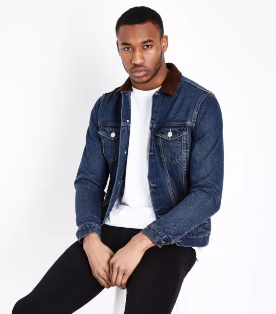 Ex New Look Brand Mens Blue Fitted Denim Borg Jean Jacket Coat Sizes XS - XXL