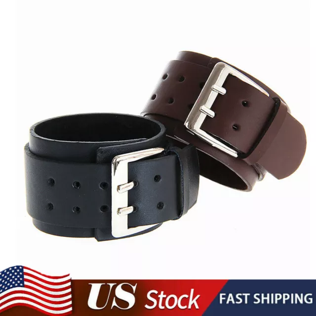 Mens Double Layer Adjustable Wide Leather Punk Bracelet Belt Bangle Wristband US