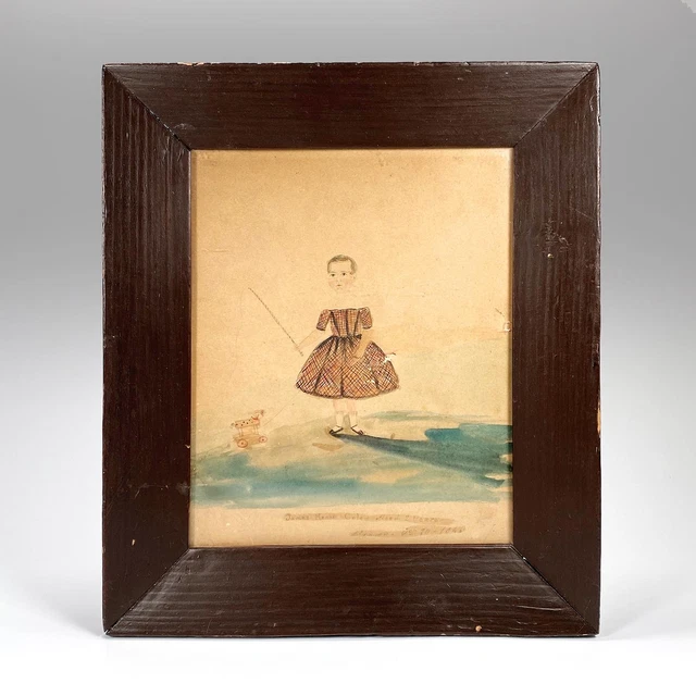 1846 Antique Framed Naive Portrait of JAMES HENRY COLE with Horse Toy and Whip