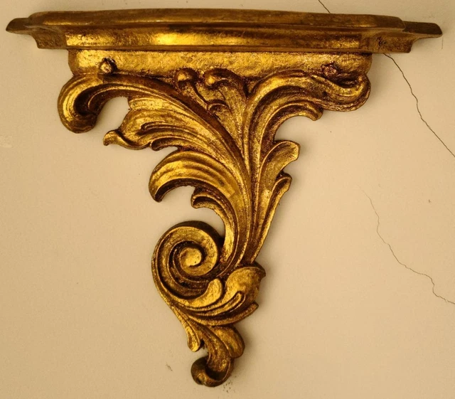 Amazing Antique Carved Wood Sconce Shelf – INCREDIBLE DETAIL – VGC – GOLD FINISH
